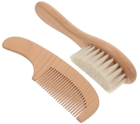 Warmhm Brosse pour Bébé, Ensemble Brosse et Peigne en Bois, Poils Doux, Prise en Main Facile, pour Bain et Coiffage des Nouveau-nés, 1 Set
