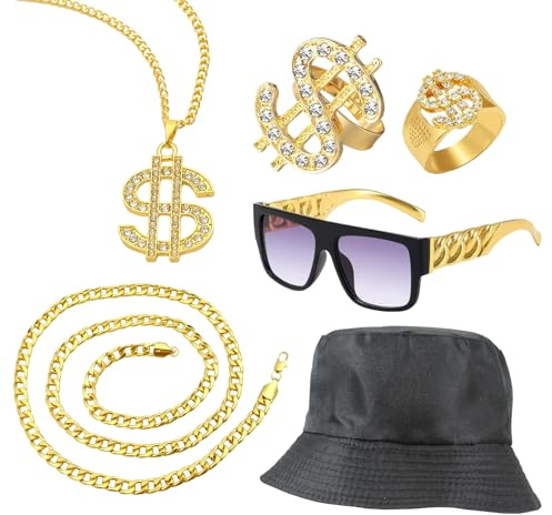 CHUNLINLAODA 6 PCS Kit Costume Hip Hop Set Accessori Rapper 80s 90s Rapper Costume Hip Hop con Cappello a Secchiello Occhiali da Sole Catena d'Oro Anello Dollaroper per Carnevale Concerti (Oro)