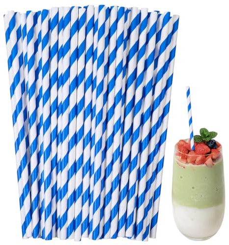 YUZNA 100 Pajitas de Papel Azul y Blanco a Rayas para Decoración de Fiesta de Oktoberfest
