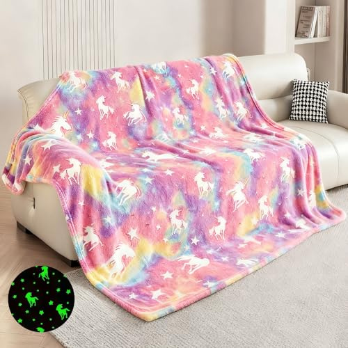 ZZXLOPEZ Manta para Niños, 130x170cm Manta de Unicornio Que Brilla en la Oscuridad, Regalo de Unicornio, Suave y Acogedora de Franela para Sofá, Viaje, Regalo para Niños y Niñas de 2 a 12 Años(Rosa)