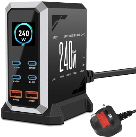 6 in 1 & 240W USB C Charging Station Hub GaN III Multiport USB Fast Charger Block (4 USB‑C & 2 USB‑A) PD140W, 65W, 60W USBC Laptop Charger Compatible with MacBook, iPh0ne, i-Pad, Galaxy S24/S23 etc