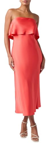 Lulus Adriana Strapless Column Midi Dress Sleek Satin Flouncy Overlay Side Slit No-Slip Strips Elegant Gown Coral