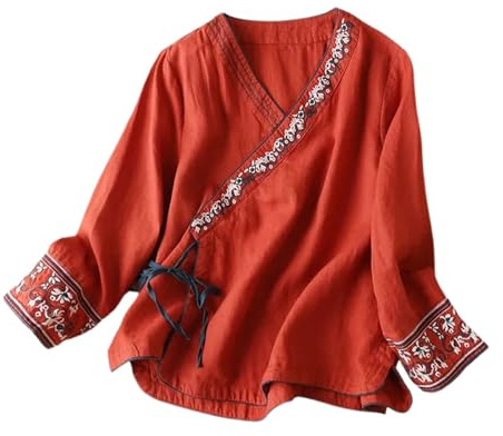 Générique Chemise Traditionnelle Chinoise Vintage à Manches Longues pour Femme Chemisier Coton et Lin à Col en V Hanfu Tang Costume brodé Vêtements Zen Ample M-3XL