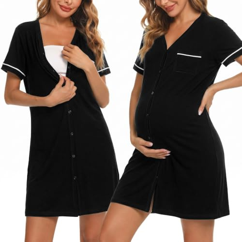 Uniexcosm Chemise de Nuit Allaitement Maternité Col en V Manches Robe de Nuit à Boutons Courtes Robe de Nuit Femme Enceinte Allaitement Noir 3XL