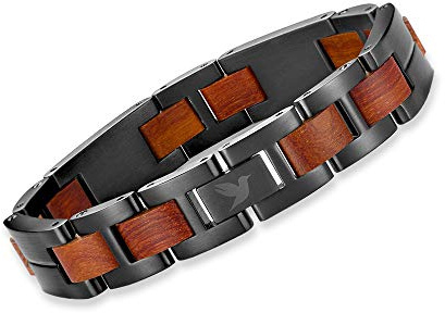 Woodstar (RED SHARK Bracciale da Uomo in Acciaio e Legno, Gioielli Moda Maschile, Braccialetto Regolabile, Grigio Rosso B19-008