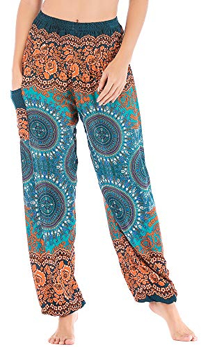 Nuofengkudu Damen Baumwolle Haremshose mit Taschen Boho Gemustert High Waist Leichte Baggy Yogahose Freizeithose Sommer Strand Festlich Pluderhose(Grün Compass,Einheitsgröße)