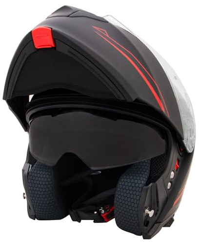 Zorax ZOR-838 Double Visor Flip up Helmet - Matt Black/Red S (55-56cm) | Modular Front Helmet Motorcycle Motorbike ECE 2206 Approved