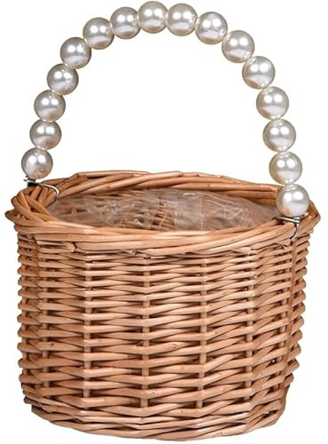 BETAULIFE Wicker Rattan Flower Girl Basket,Pearl Handle Flower Basket,for Wedding,Home,Halloween, Easter,Baby Shower