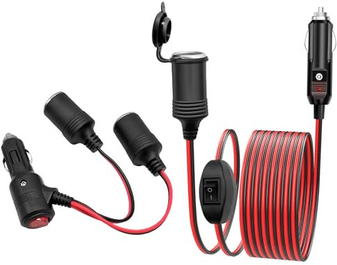 6.5FT/2m Car Cigarette Lighter Socket Extension Cable 17AWG with ON/OFF Switch,1 to 2 Car Cigarette Lighter Splitter Adapter Power Charger Socket Extension Cable 15AWG with LED Switch and 15A Fuse