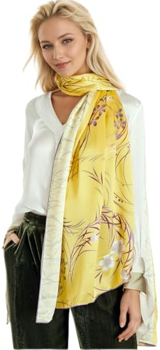 Prettystern couleurs pastel Femme XL Etoleourlet roulé à la main longue écharpe en soie crêpe satin fleurs de printemps jaune