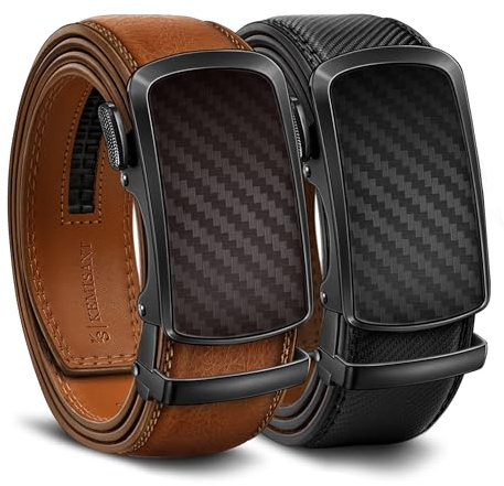 KEMISANT Cinturón Trinquete 2 Paquete, Cinturón Hombres Cuero Deslizante Ajustable para Regalo Pantalones Casuales de Vestir Jeans,Corte para Ajuste(Negro/Naranja Marrón,110cm/30-36 Cintura ajuste)