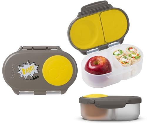 b.box Batman Fiambrera Infantil con Compartimentos | Bento Box Infantil Mini con 2 Compartimentos Herméticos | Caja de Almuerzo y Picoteo para Niños | Cabe 1 Fruta Entera | Sin BPA