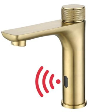 Billg Infrared Sensor Tap, Brushed Gold Bathroom Basin Faucet, Single Handle Touchless Basin Mixer Tap for Bathroom