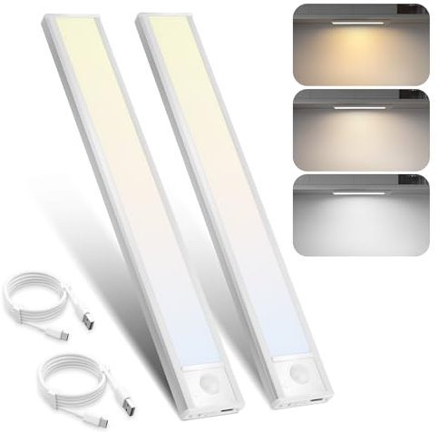 Homefire Luminaire sous meuble cuisine Reglette LED - 20CM 2 pièces Eclairage sous meuble avec détecteur de mouvement USB Rechargeable Sans Fil Variable 3 couleurs température pour cuisine Placard