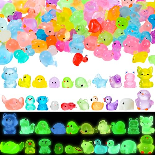 GSrenyu 120Pcs Mini Resin Animals,Luminous Toy Tiny Resin Ducks,Frogs, Fish Mixed Glow in the Dark Animals Cute Miniature Figures Small Figurines for Landscape Garden Dollhouse Decoration DIY Craft