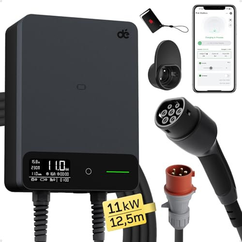 dé Typ 2 Wallbox 11kW mit APP und RFID, 6-16A 3-Phasen EV-Ladegerät 400V mit 12,5m Ladekabel und Kabelhalter für BEV/PHEV, RCD Typ-B & IP54-Schutz, effiziente Ladestation für Zuhause, schwarz