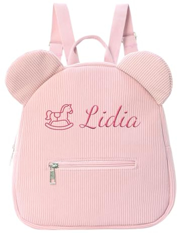 Genérico Mochila Personalizada Infantil con Nombre Bordado - Mochila de Corduroy Oso Tierno 28x25 cm para Niñas y Niños - Ideal para Guardería, Escuela y Viajes (Rosa)