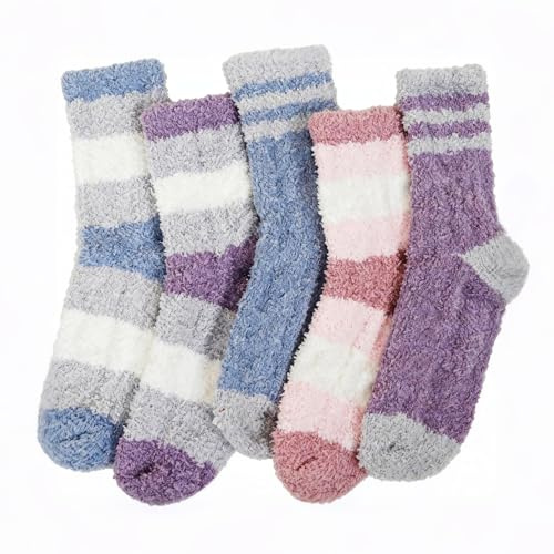 PUTUO Calcetines de Invierno para Mujer en Casa: Calcetines Térmicos Gruesos y Mullidos – Suaves Cálidos y Perfectos como Regalos de Cumpleaños a Rayas 5 Pares 36–42