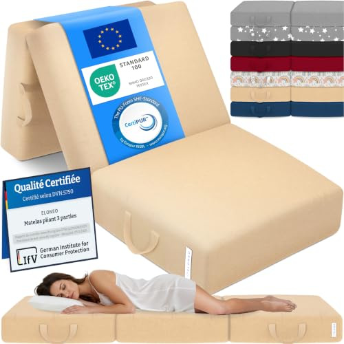 ELONEO Colchón Plegable, colchón para Invitados, colchón Plegable de 3 Piezas, Espuma Extra Gruesa (15 cm), Lavable, Plegable, Adultos (Crema, 75 x 195 x 15 cm)