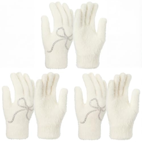 Cutecrop 3 Pairs Fuzzy Winter Gloves with Bow,White
