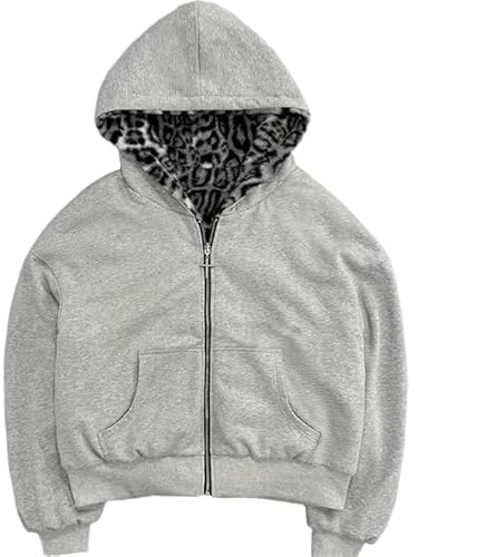 Vintage Leopard Print Jacket Y2k Reversible Zip Up Jacket Baggy Long Sleeve Hoodie Grunge Streetwear Unisex