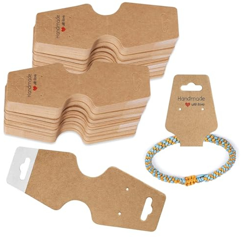 HONQX Bracelet Jewellery Display Cards Brown, 100 Pcs Earring Necklace Display Cards Holder Kraft Adhesive Jewellery Packaging Card Hanging