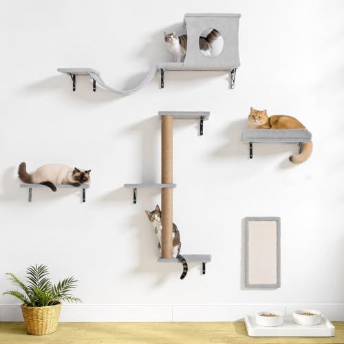 PawGiant Estantes 5 en 1 para Gatos, Juego de Muebles de Pared de Madera