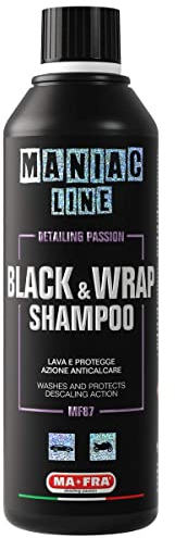 Ma-Fra, Maniac Car Detailing Line, Black & Wrap Shampoo, Shampoo Auto 2in1 Lava e Protegge, con Azione Lucente, Antimacchia ed Effetto Anticalcare, per Auto Nere Opache o Wrappate, Formato da 500ml