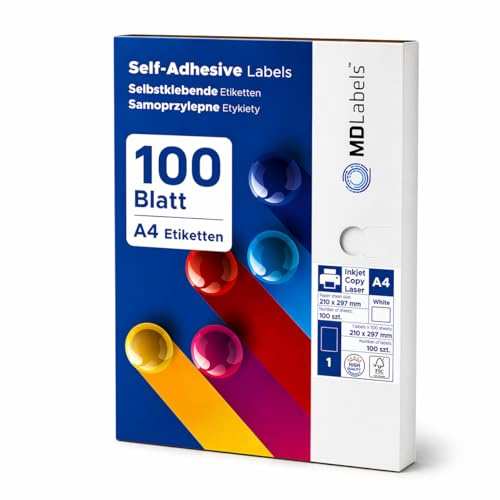 MD Labels Etichette adesive universali, 210 x 297 mm, 100 etichette DIN A4, stampabili, bianche