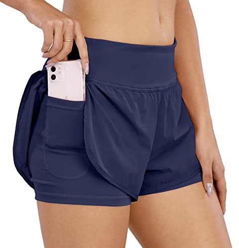 COTOP Pantalone Corto de Running Mujer,2 en 1 Pantalones Cortos Verano de Cintura Alta con Bolsillo,Pantalone Corto elásticos de Secado rápido para Mujer para Fitness Jogging Gimnasio Entrenamiento