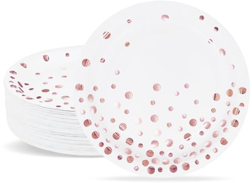 Piatti per feste, 18cm Piatti di carta Bianco con lamina d'oro rose 50 pezzi Set di piatti da dessert usa e getta per feste di matrimoni, compleanni, lauree, natale, ringraziamenti