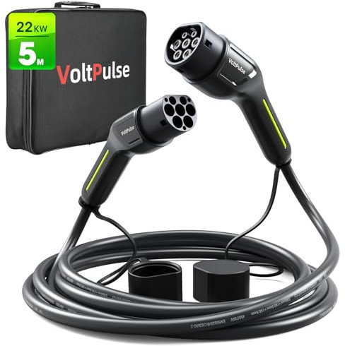 VoltPulse Tipo 2 Cavo di ricarica per auto elettrico, 22 kW 32 A trifase 5M EV/veicolo elettrico e ibrido ricaricabile tipo 2 a tipo 2 con borsa per il trasporto, compatibile con modello 3 Zoe e-Tron