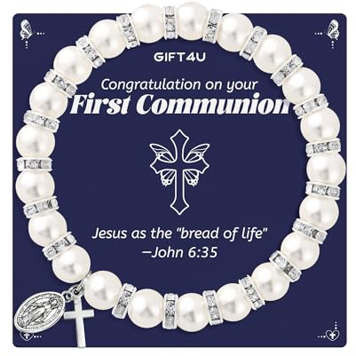 GIFT4U Armband Jungfrau Maria Perlenarmband mit Kreuz Rosenkranz Armband mit Kreuz Kommunion Geschenk zur Kommunion für Mädchen Christlicher Schmuck für Mädchen mit Glückwunschkarte