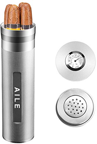 AILE Zigarren-Edelstahl-Humidor, silbernes Reise-Zigarrenetui, Röhre für 3 bis 4 Zigarren, tragbares Zigarrenetui, Zigarren-Hygrometer, tolles Geschenk für Liebhaber