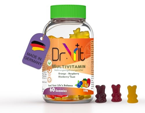 Dr.Vit+ Vegane Multivitamin Gummibärchen – Zuckerfrei, mit Vitamin A, B, C, D, E & Folsäure – Für Immunsystem, Kinder ab 4 Jahren & Erwachsene