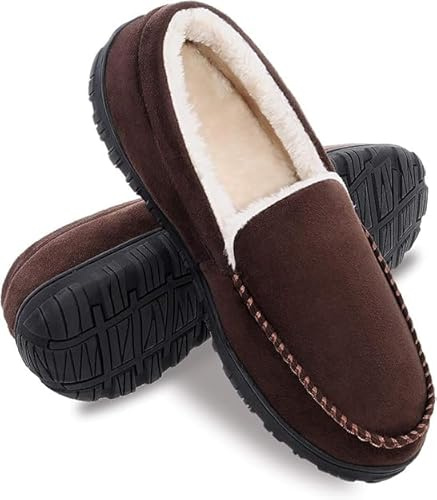 MIXIN Moccasins for Men House Slippers Indoor Outdoor Plush Mens Bedroom Shoes with Hard Sole Brown Size 9
