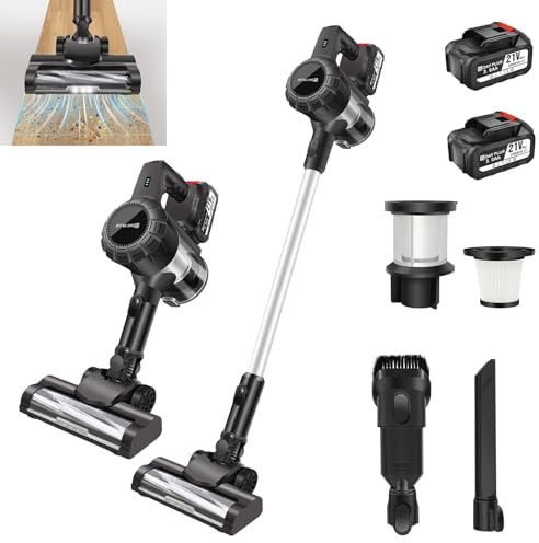 Bowose Aspiradora inalámbrica independiente con motor sin escobillas, aspiradora de pie 3 en 1 con LED y cepillo de suelo, aspiradora de varilla con doble batería y doble velocidad ajustable para casa