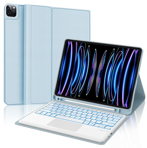 SENGBIRCH Funda con teclado para iPad Pro 12,9 6ª/5ª/4ª/3ª generación, teclado italiano teclado inalámbrico desmontable Bluetooth retroiluminado de 7 colores con Trackpad, azul