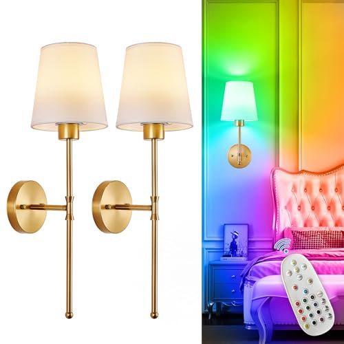 Depuley Battery Operated Wall Sconce: Black Gold Set of 2 Wireless Wall Lights for Bedroom - Rechargeable 15 Colors Wall Lamp for Living Room