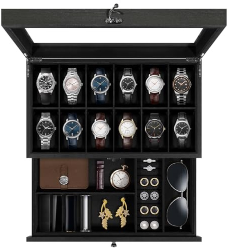 Uten Boîte à Montres 12 Compartiments, 2 Niveaux Coffret à Montres en Bois, Couvercle en Verre, Coffret de Rangement pour Montres, Coussinets Coton de Soie, Doublure Noire, Idée Cadeau