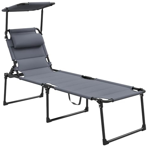 Outsunny Sdraio da Giardino Pieghevole con Tettuccio Regolabile, Lettino da Sole con Schienale Regolabile a 4 Livelli, Cuscino e Imbottitura in Metallo e Tessuto, Grigio
