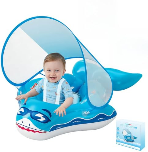 Oziral Flotador para Bebés con Parasol Extraíble de 12 a 36 Meses, Flotador para Niños, Piscina para Bebés, Flotador de Piscina, Versión Tiburón.Azul Oscuro