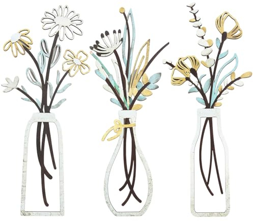 3 Pcs Minimalist Floral In Vase Hanging Sculpture Walls Decor,Wall Artworks | Rustic Farmhouse Vase Wall Decor,Boho Minimalist Hanging Sculptures,Modern Farmhouse Wall Hanging Ornament for Home Bedroom