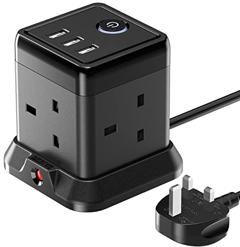 Hulker 3M Cube Extension Lead with 3 Slots 4 Gang Plug Socket with Switch 4 Way Power Strip with 3 USB Port 3 Metre Extension Cable Black 13A 3250W for Home Dorm Office
