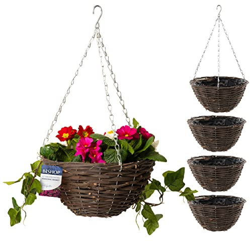 Bishop Rattan Hanging Baskets Outdoor — Dark Wicker 12 inch Hanging Basket With Liner — Perfect Gardening Gifts For Women — Great Looking Garden Decorations Outdoor Garden Planters