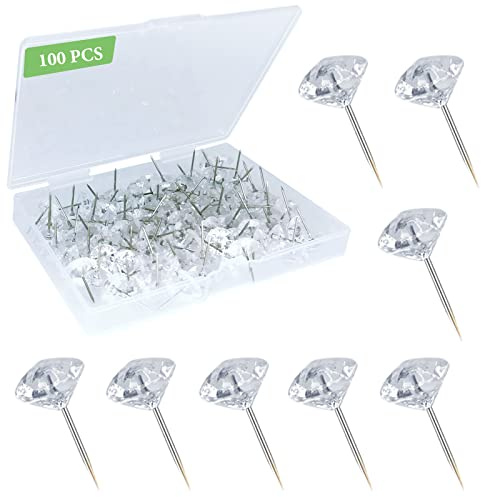 100Pcs Clear Push Pins for Cork Board, Decorative Thumb Tacks for Wall Hangings, Transparent Diamond Push Pin for Bulletin Board, Crystal Head Tacks for Posters, Office, Maps, Sofa, Office, Classroom