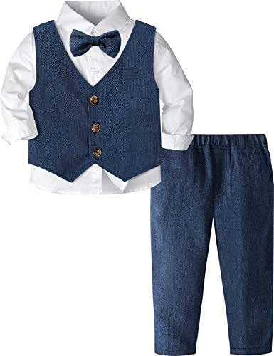 mintgreen Set Byxor & Topp Babypojkar, Bröllopsdräkter Dopdräkt Fiskben Herre Långa Ärmar Smoking, Blå, 3-4 år, 110