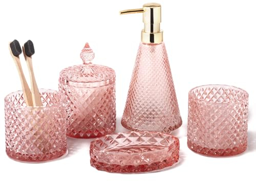 EMPO Set completo di 5 accessori da bagno in vetro diamantato, dispenser per lozioni vintage triangolari, portasapone, portaspazzolino, bicchiere, barattoli di cotton fioc, decorazione moderna, set