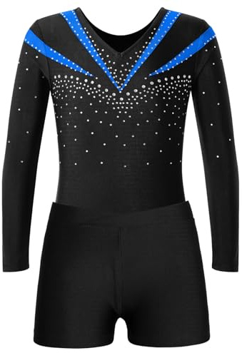 Jugaoge Flicka gym kostym strass gymnastikdräkt långärmad tröja med ben sport yoga fitness träning shorts korta byxor dans kläder set, blå, 134/140 cm