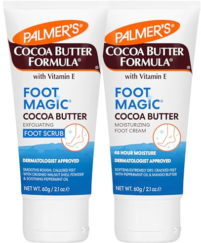 Palmer's Cocoa Butter Formula Foot Magic Bundle, Exfoliating Foot Scrub and Moisturizing Foot Cream for Dry, Cracked Heels (2 x 2.1 oz Tubes)